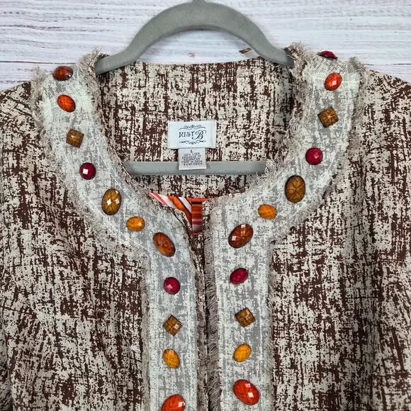 Just B Linen Fringe Blazer L Bohemian Jewel Beaded Mesh Lace Snap Closure Jacket - Picture 4 of 11